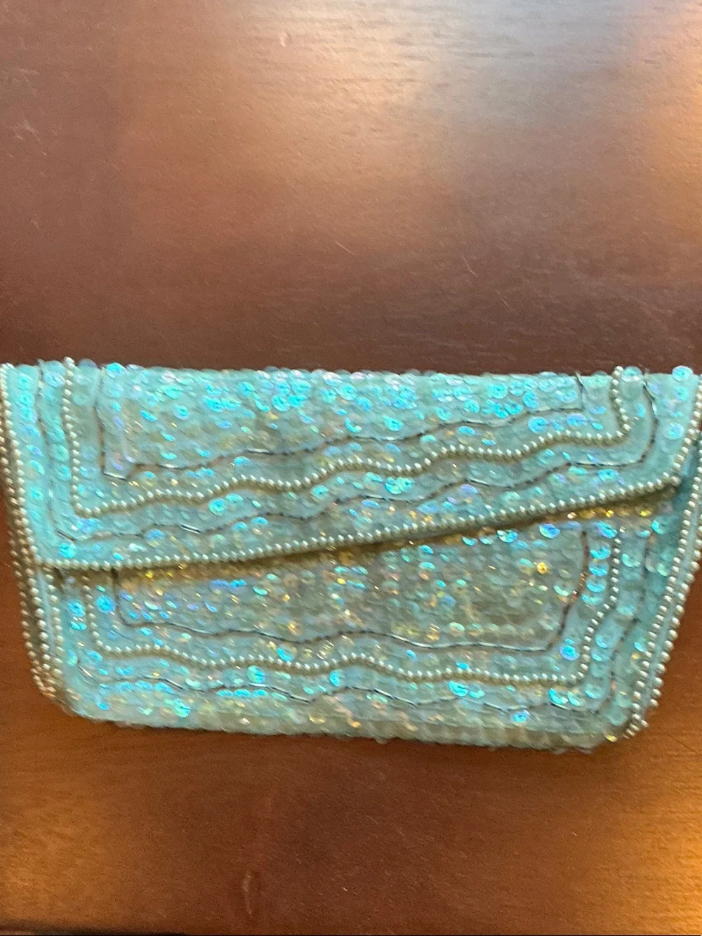 Turquoise LA Regal  Sequin & Pearl Trim VINTAGE Clutch